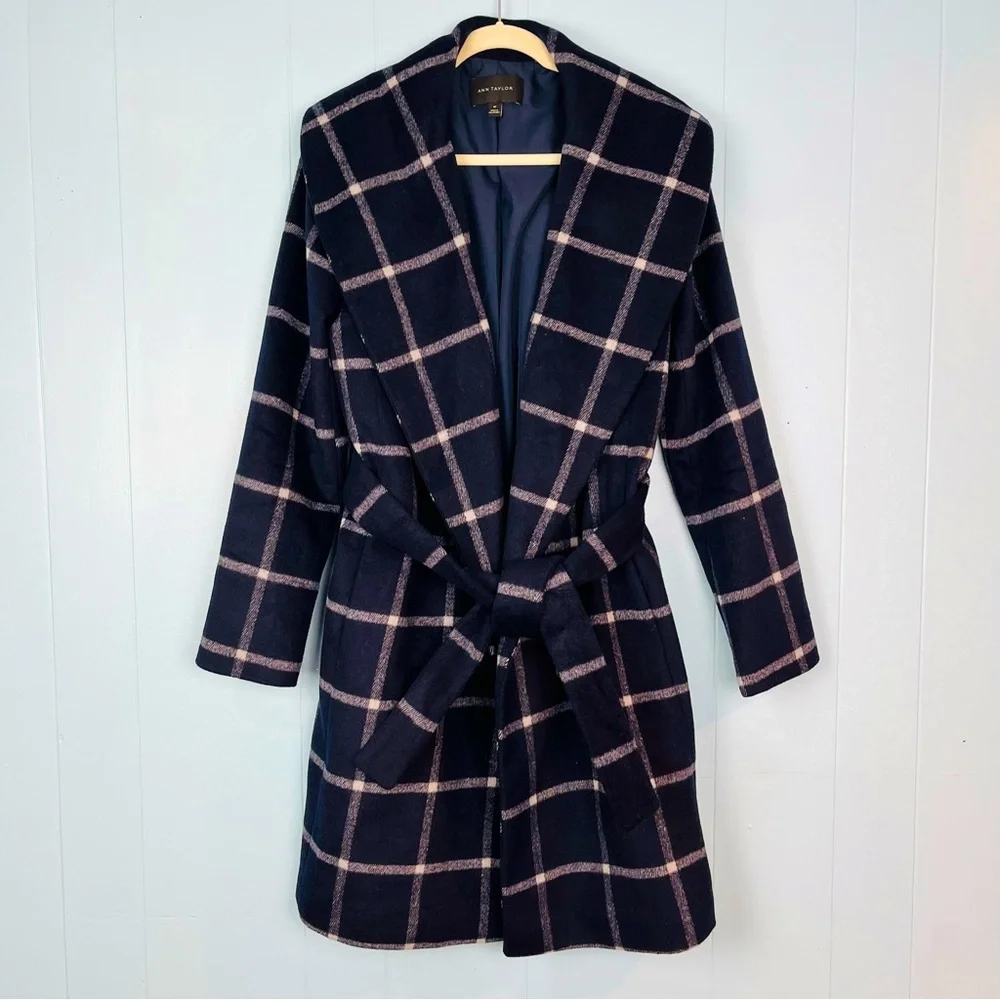 Ann Taylor Sz Medium Tall MT Window Pane Navy Blue Plaid Wrap Wool Long Coat - Picture 1 of 8